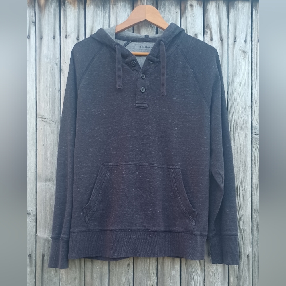 LL Bean heathered black half button pullover hoodie slightly fitted mens size M